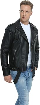 Men’s Classic Black Leather Biker Jacket with Belt